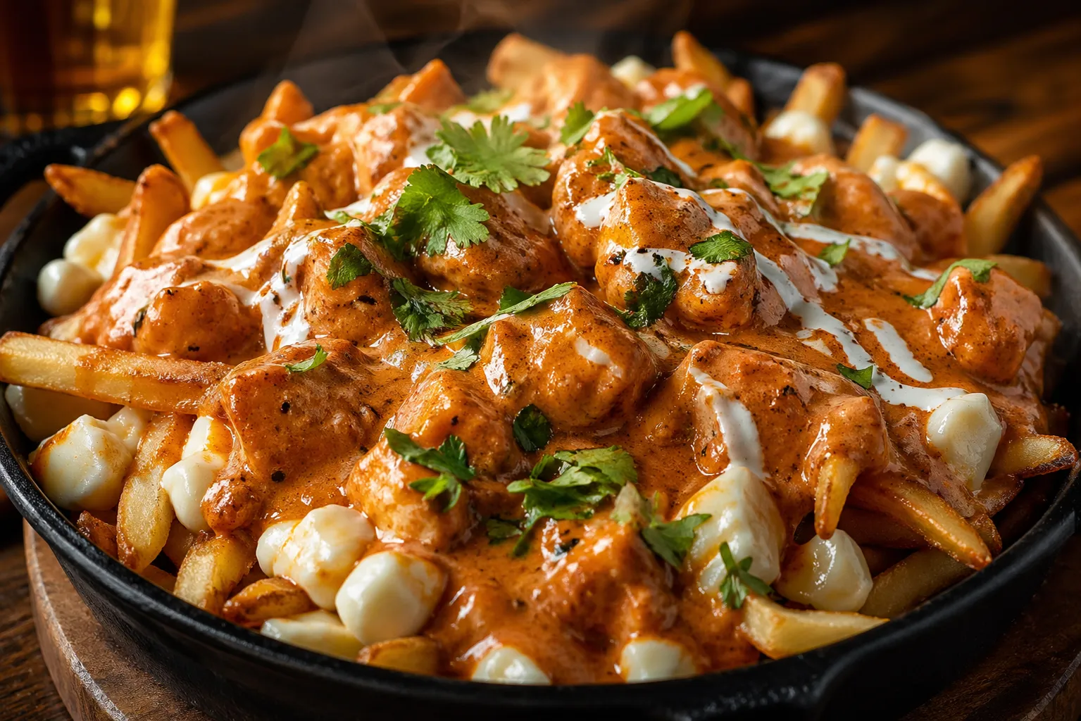 Indian-Canadian fusion favourites at Banff Sizzlers — Butter Chicken Poutine, Samosa Chaat, Pani Puri Shots